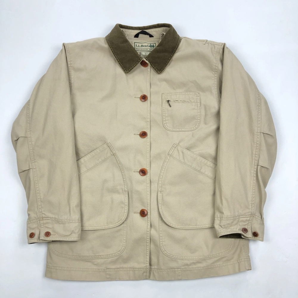 LL Bean Womens S Reg Tan Canvas Field Barn Coat Plaid Flannel Lined Primaloft